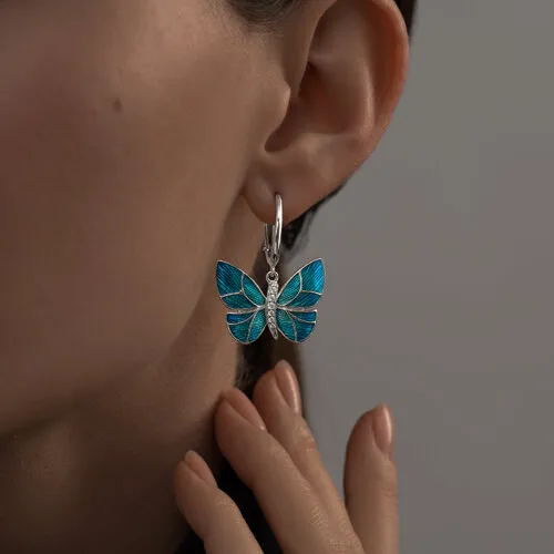 Серьги Длинные из серебра с камнями Фианит, Эмаль