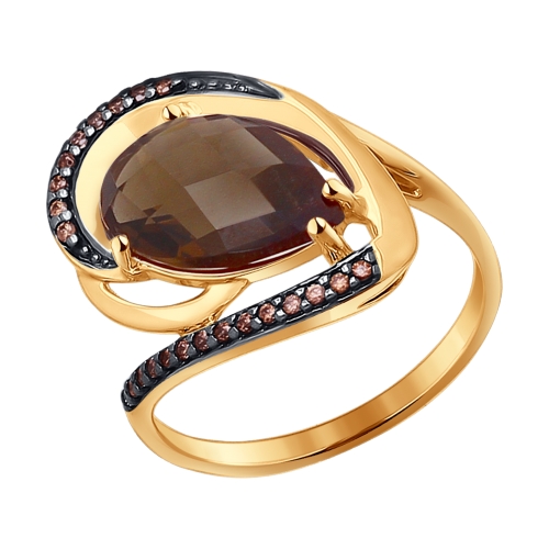 Inel din aur roșu cu pietre Cubic Zirconia Maro, Cuarț fumuriu