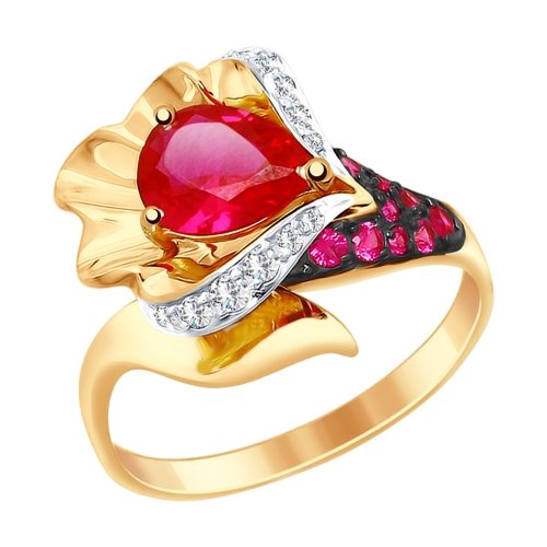 Inel din aur roșu cu pietre Cubic zirconia, Corindon (rubin)