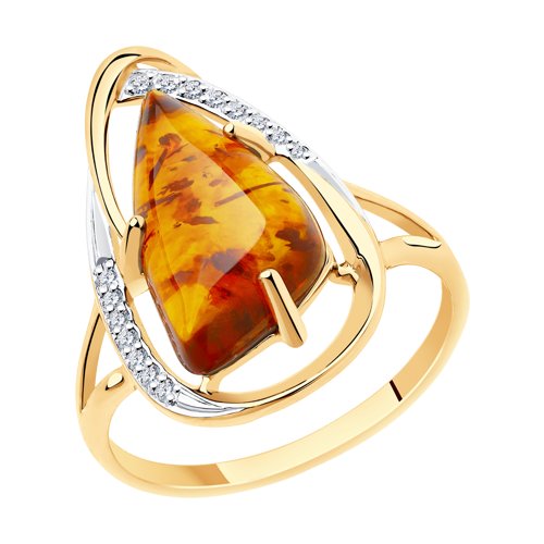 Inel din aur roșu cu pietre Cubic zirconia, Chihlimbar presat