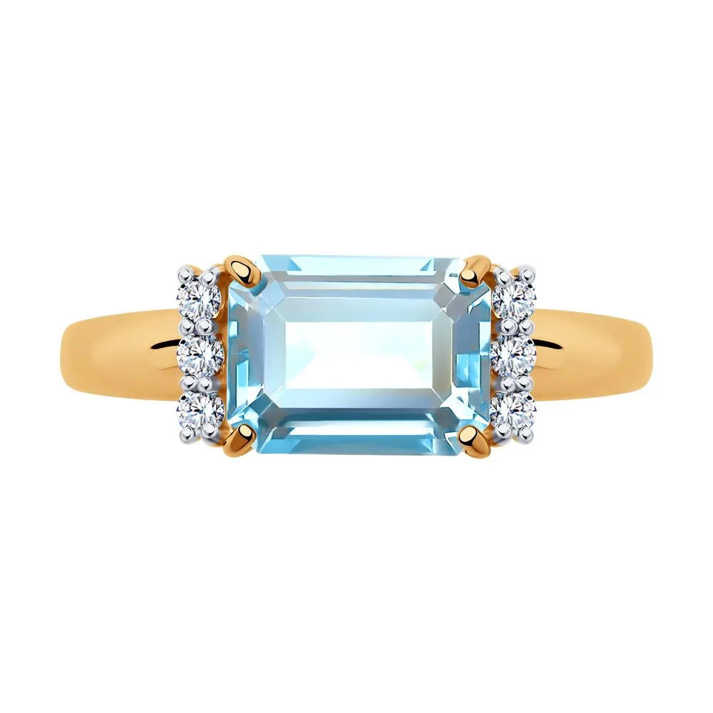 Inel din aur roșu cu Cubic Zirconia Incolor, Topaz albastru