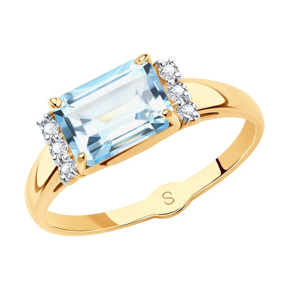 Inel din aur roșu cu Cubic Zirconia Incolor, Topaz albastru