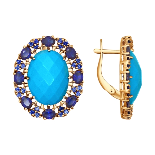 Серьги из красного золота с камнями Корунд, Бирюза (синт.)