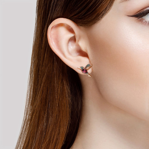 Cercel din aur roșu cu pietre Cubic Zirconia Verde, Rodolit