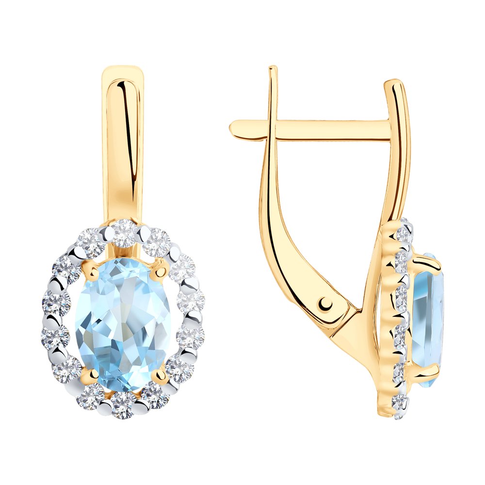 Cercei din aur roșu cu pietre Cubic Zirconia Incolor, Topaz albastru