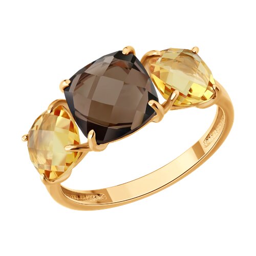 Кольцо из красного золота с камнями Кварц дымчатый , Цитрин