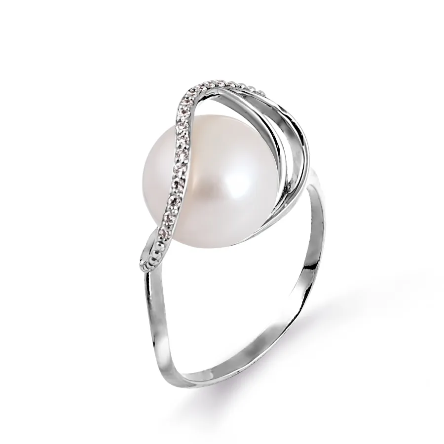 Inel din aur alb cu Cubic Zirconia Incolor, Perla Albă