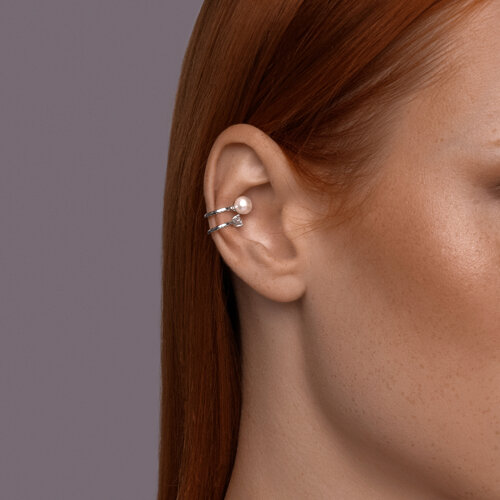 Серьга Одиночная из серебра с камнями Фианит, Жемчуг имит.