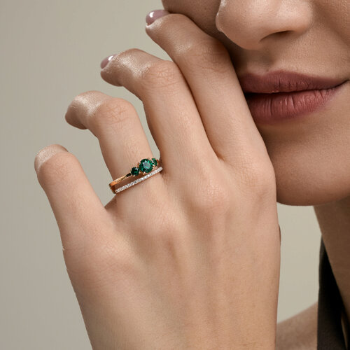 Inel din aur roșu cu pietre Cubic Zirconia Incolor, Smarald Hidrotermal