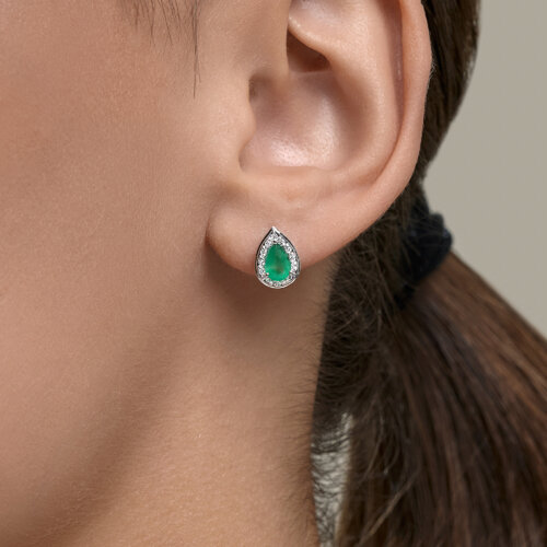 Cercei Pusete din aur alb cu pietre Diamant, Smarald