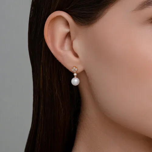 Cercei Pusete din aur roșu cu Cubic Zirconia Incolor, Perla Albă