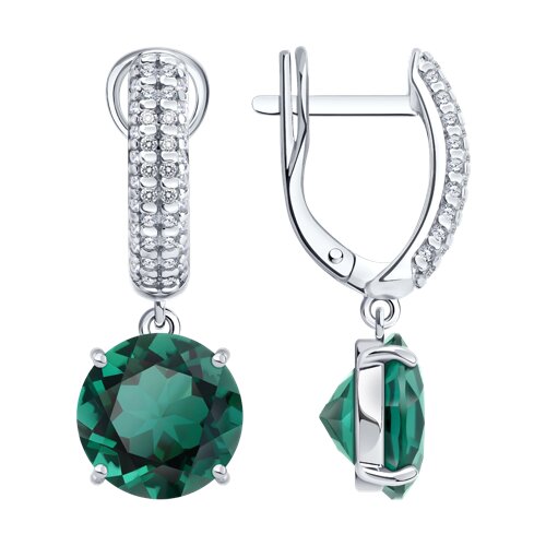 Серьги Длинные из серебра с камнями Фианит, Кварц зеленый (синт.)