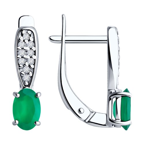 Серьги из серебра с камнями Фианит, Агат зеленый