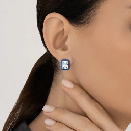Cercei Pusete din argint cu Cubic Zirconia Albastru, Emailare