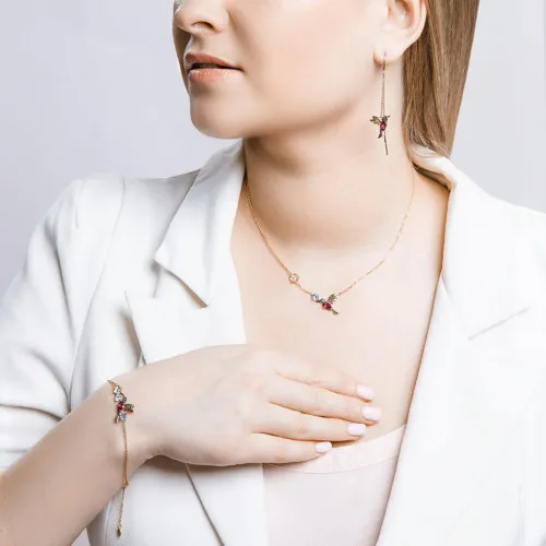 Colier din aur roșu cu Cubic Zirconia Incolor, Cubic Zirconia Verde și Rodolit