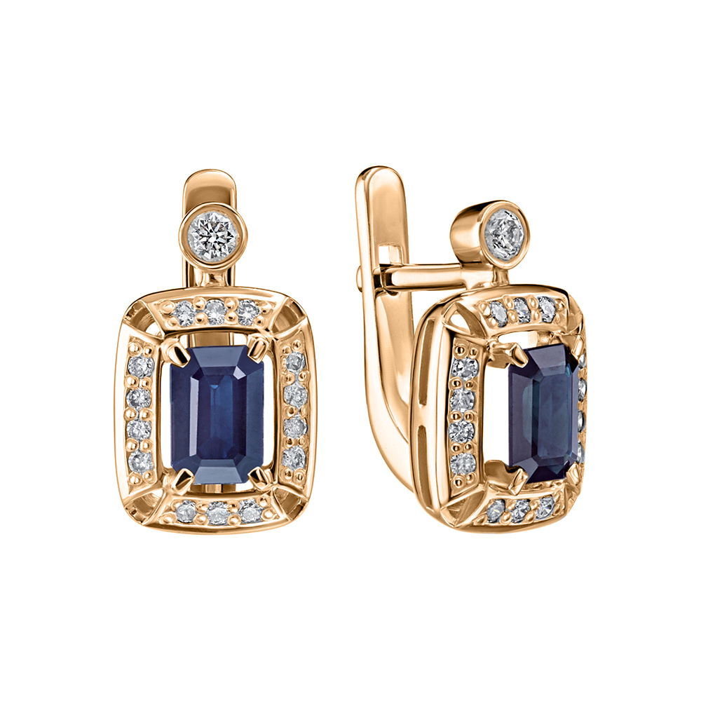 Серьги из красного золота с камнями Бриллиант, Сапфир