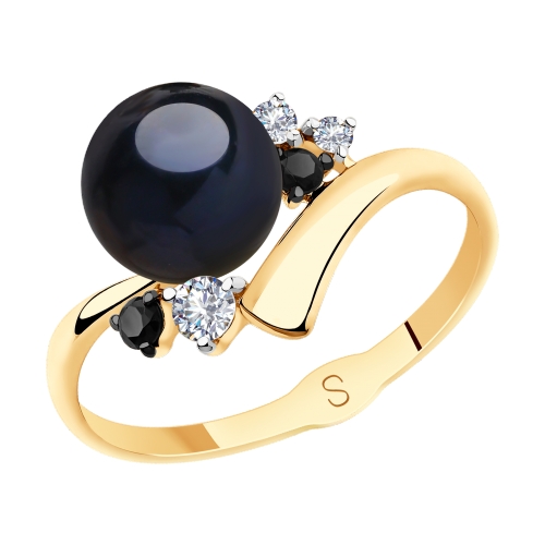 Inel din aur roșu cu pietre Cubic Zirconia Incolor, Perla neagră