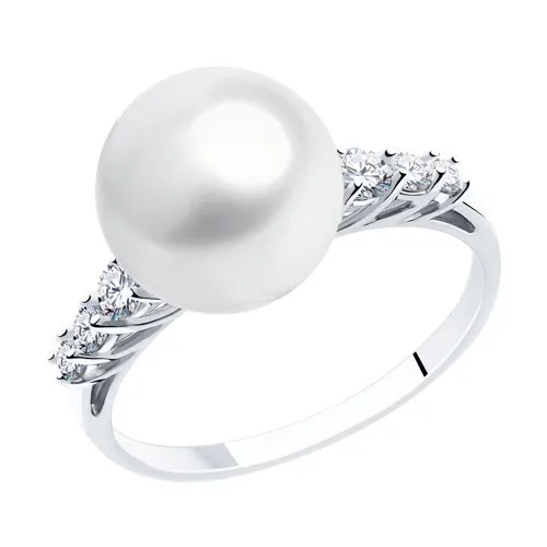 Inel din aur alb cu Swarovski, Perla Albă