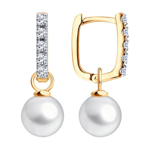 Серьги Длинные из красного золота с камнями Фианит, Жемчуг белый