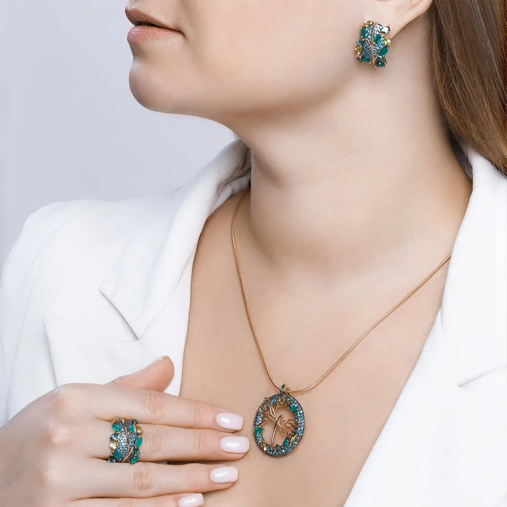 Cercei din aur roșu cu Cubic Zirconia Verde, Cubic Zirconia Albastru Safir și Agat verde