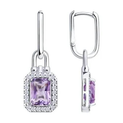 Серьги Конго из серебра с камнями Фианит, Аметист