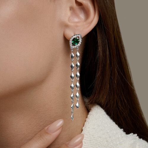 Серьги Длинные из серебра с камнями Фианит, Фианит Зелёный