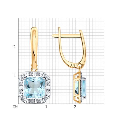 Серьги Длинные из красного золота с камнями Бриллиант, Топаз голубой