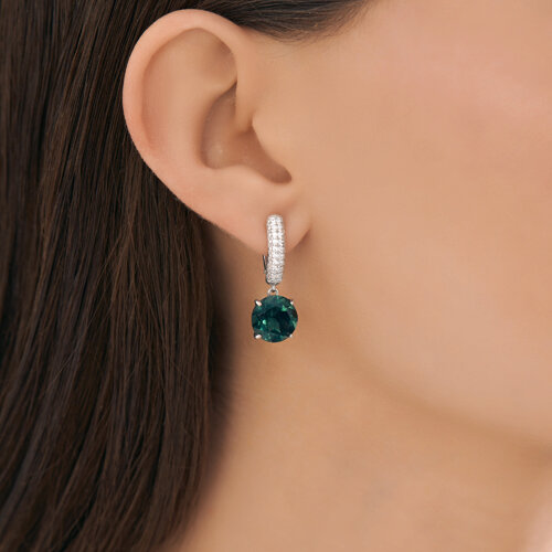 Серьги Длинные из серебра с камнями Фианит, Кварц зеленый (синт.)