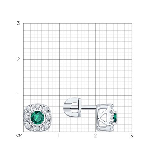 Серьги Пусеты из серебра с камнями Фианит, Изумруд