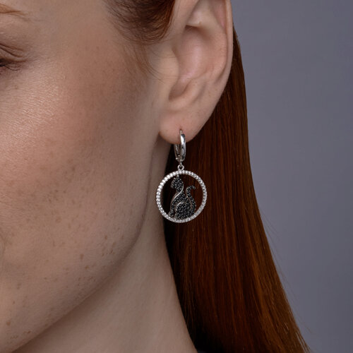 Серьги Конго из серебра с камнями Фианит, Фианит Чёрный