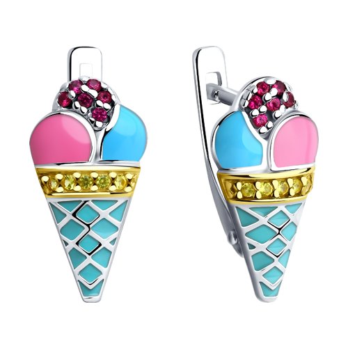 Cercei p-u copii din argint  cu pietre Cubic Zirconia Incolor, Corindon (rubin) și Emailare