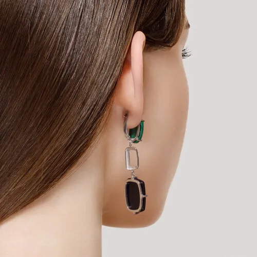 Серьги Длинные из серебра с камнями Агат черный, Малахит (синт.)