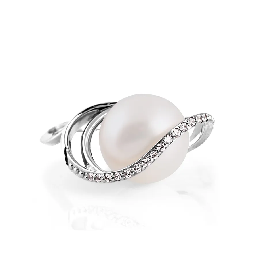 Inel din aur alb cu Cubic Zirconia Incolor, Perla Albă