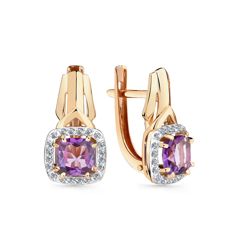Cercei din aur roșu cu Cubic Zirconia Incolor, Ametist