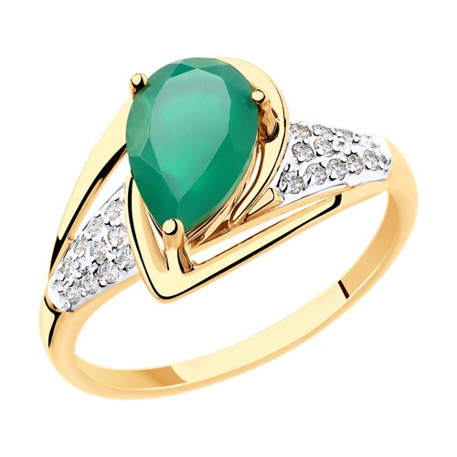 Кольцо из красного золота с камнями Фианит, Агат зеленый