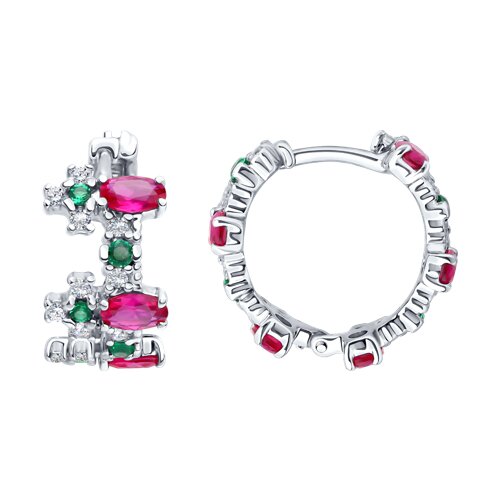 Cercei Creole din argint  cu pietre Cubic Zirconia Incolor, Cubic Zirconia Verde și Corindon (rubin)