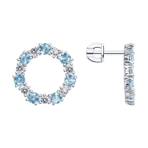 Серьги Пусеты из серебра с камнями Фианит, Топаз голубой