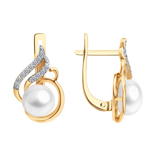 Серьги из красного золота с камнями Фианит, Жемчуг белый