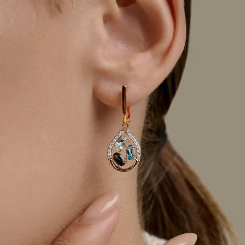 Cercei Suspendați din aur roșu cu Cubic Zirconia Incolor, Topaz albastru și Topaz Swiss