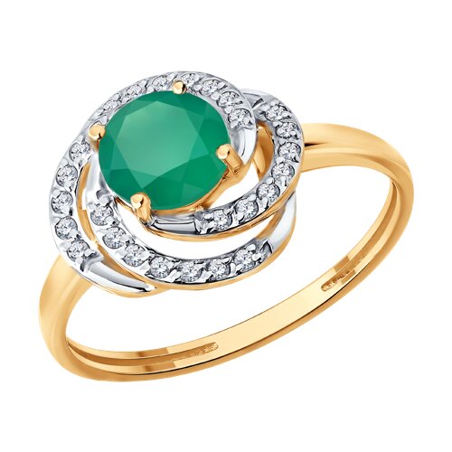 Кольцо из красного золота с камнями Фианит, Агат зеленый