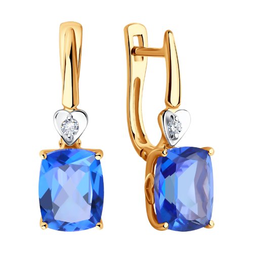 Серьги Длинные из красного золота с камнями Swarovski, Топаз Swarovski голубой