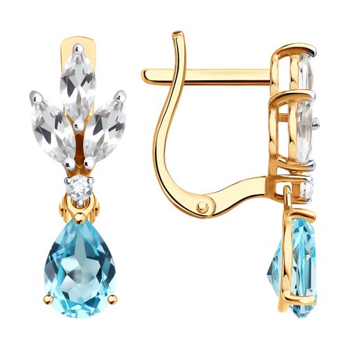Cercei Suspendați din aur roșu cu pietre Cristal de munte, Topaz albastru