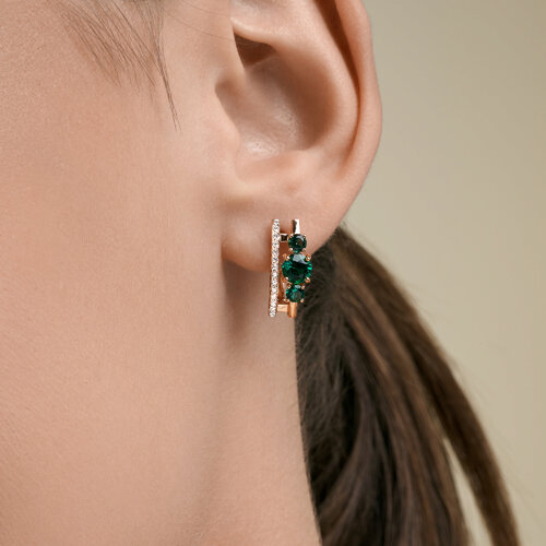 Cercei din aur roșu cu pietre Cubic Zirconia Incolor, Smarald Hidrotermal
