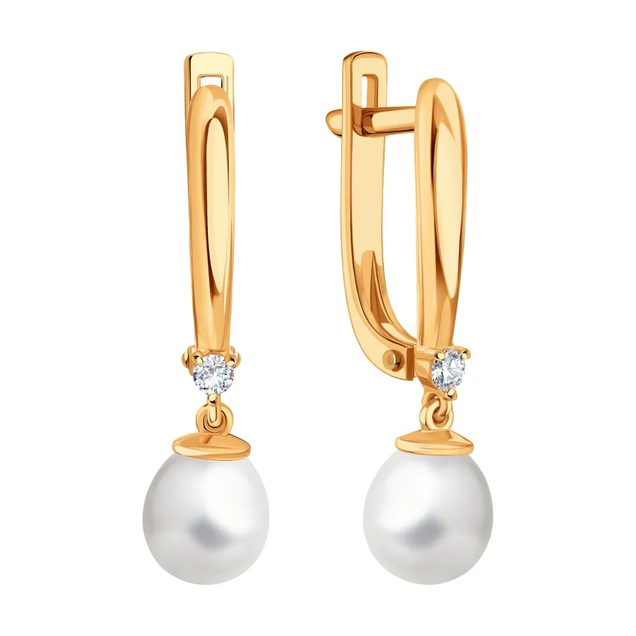Cercei Suspendați din aur roșu cu Cubic Zirconia Incolor, Perla Albă