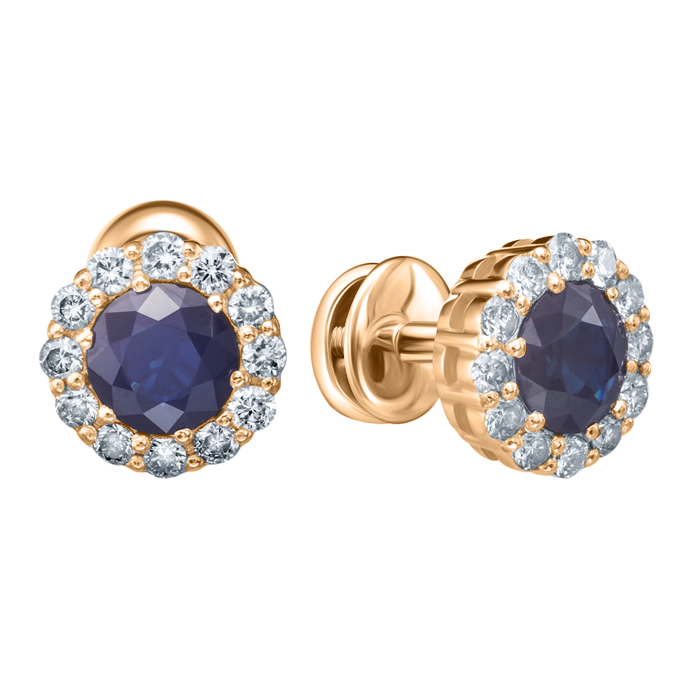 Серьги Пусеты из красного золота с камнями Бриллиант, Сапфир