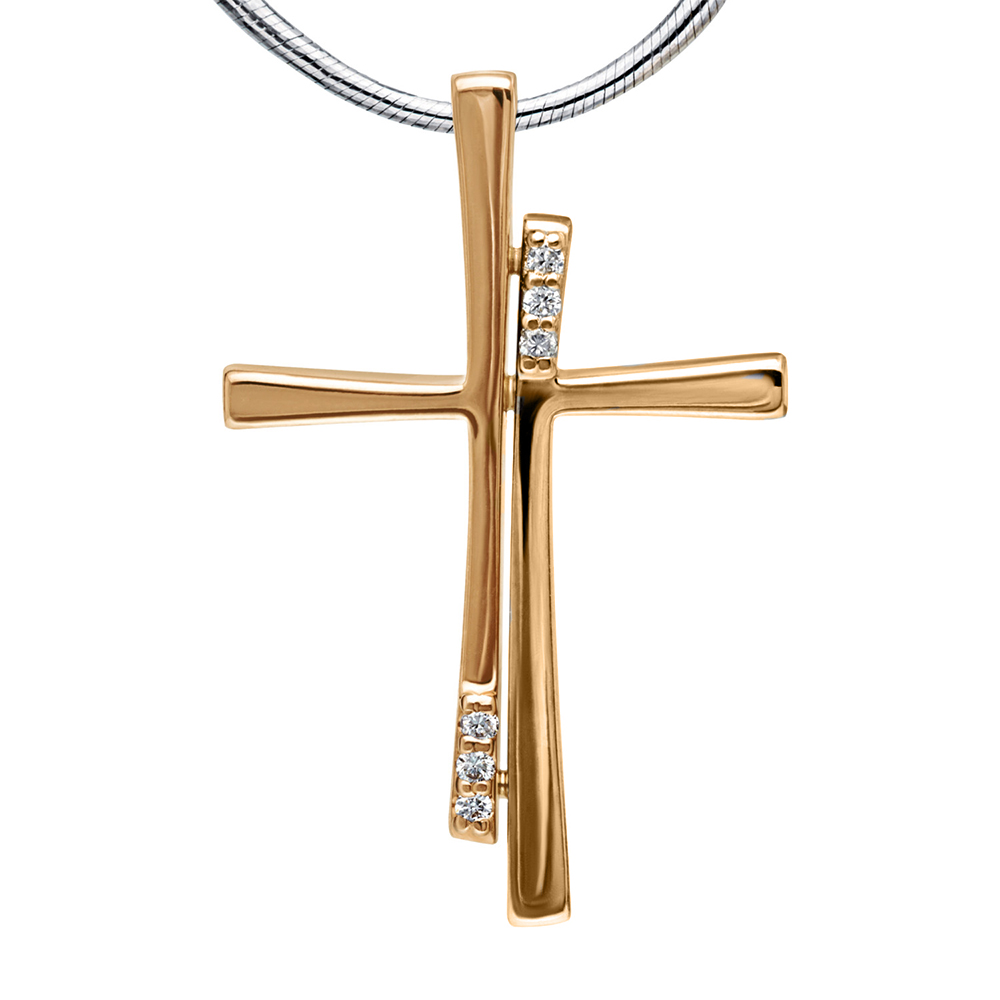 Крестик из красного золота с камнями Бриллиант