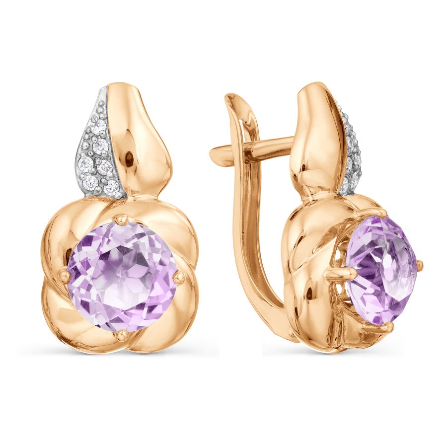 Серьги из красного золота с камнями Фианит, Аметист
