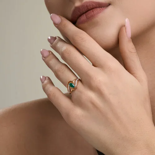 Inel din aur roșu cu Cubic Zirconia Incolor, Agat verde