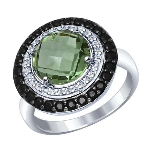 Inel din argint cu Cubic Zirconia Incolor, Cubic Zirconia Negru și Cuart Verde (sint.)