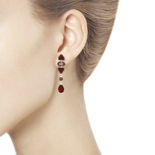Серьги Длинные из серебра с камнями Гранат, Кварц дымчатый